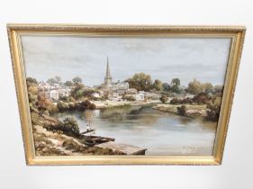 R Lathan : Village by a river with church spire beyond, oil on canvas, 50cm x 75cm.