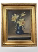 Danish school : Still life of daffodils in a vase, oil on canvas, 20cm x 26cm.