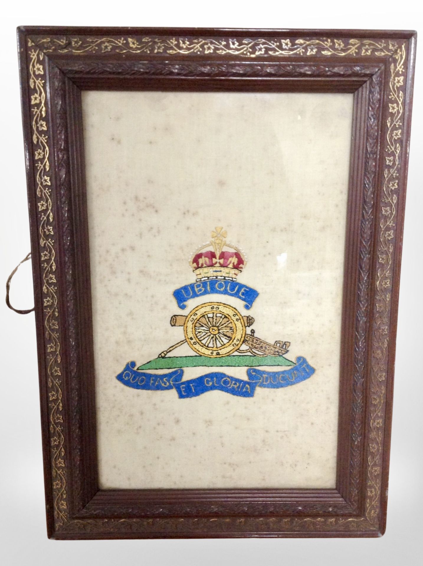 A Royal Artillery embroidered panel in carved and gilt frame, overall 48cm x 34cm.