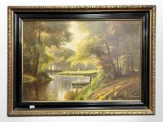 A Johansen : A river through a forest, oil on canvas, 96cm x 66cm.