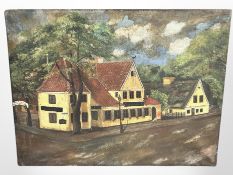 Danish school : Buildings by a roadside, oil on canvas, 63cm x 48cm.