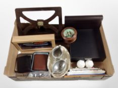 A box of various items including Picquot stainless steel tea wares, turned oak trinket box,