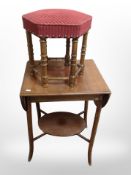 A mahogany drop-leaf occasional table, two footstools and a pine circular occasional table.