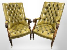 A good pair of William IV-style mahogany library armchairs upholstered in deep buttoned and studded