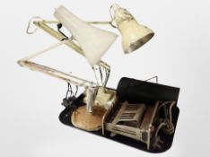 Two vintage anglepoise lamps, a vintage toaster, and a metal food carrier.