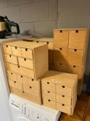Six plywood multi-drawer chests, tallest 69cm.