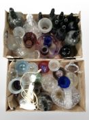 Two boxes of 20th-century glasswares including decanters, vases, green glass bottles, etc.