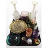 A carnival glass dish, paperweights, pair of opaque glass baluster vases,