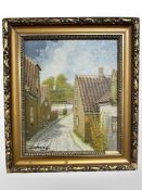 Darwig : Two oil paintings depicting cobbled streets, largest 29cm x 25cm.