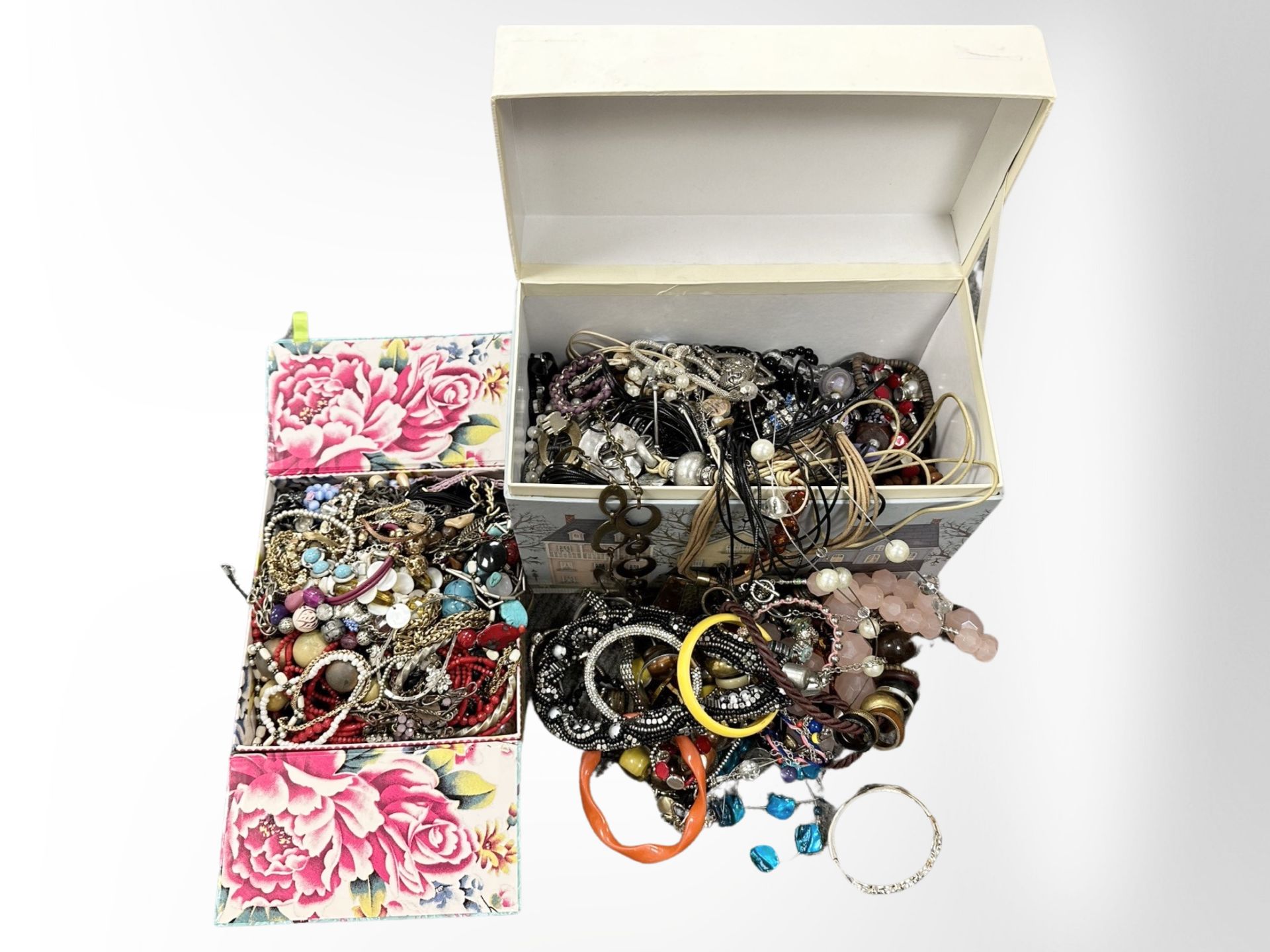 Two boxes containing a quantity of mixed costume jewellery, including bangles, bead necklaces, etc.