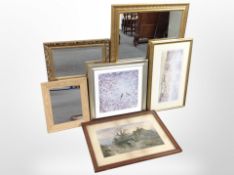 A group of gilt-framed mirrors and prints, largest mirror 104cm x 74cm.