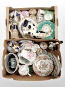 Three boxes containing assorted ceramics and glassware, Staffordshire dog, dinner plates,