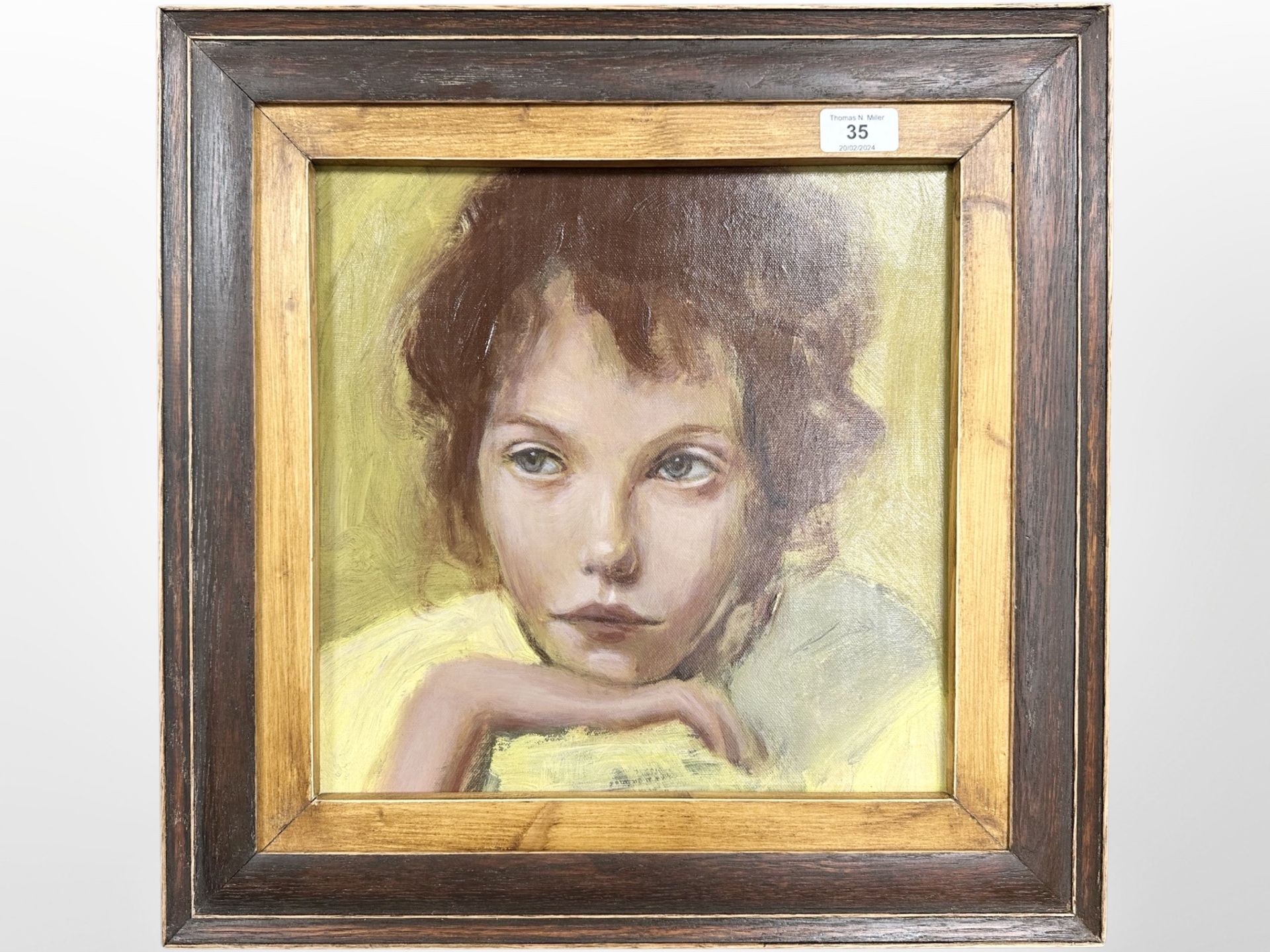 Contemporary school : Head and shoulders portrait of a girl, oil on canvas, 31cm x 31cm,