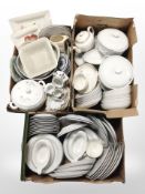 Three boxes of porcelain dinner wares including Swedish gilt porcelain Bavarian pieces,