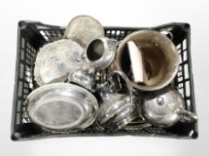 A box of silver-plated wares including wine cooler, tea sets, entrée dish, gallery trays, etc.