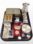 A tray of costume jewellery, VE Day commemorative medallion, money box, mantel clocks,