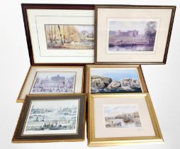 Six assorted pictures and prints including a Tom MacDonald print of Seahouses,