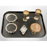 A group of metal wares, glass and plated coasters,