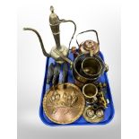 A group of metal wares including Turkish brass coffee pot, copper teapot,