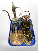 A group of metal wares including Turkish brass coffee pot, copper teapot,