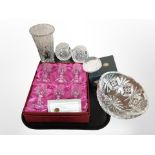 A boxed set of six Royale County Italian lead crystal glasses, further crystal vase, fruit bowl,