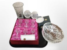 A boxed set of six Royale County Italian lead crystal glasses, further crystal vase, fruit bowl,