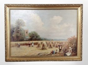 20th-century school : Harvesting hay, oil on board, 25cm x 35cm.