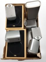 A box of speakers including TDL, Denon, and Tannoy.