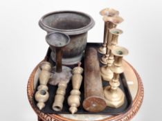 A group of metal wares including brass candlesticks, trench art shell, etc.