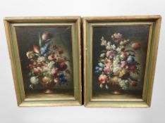 Dutch school (19th century) : Still life of flowers in urns, a pair of oils on canvas, 50cm x 34cm.