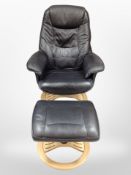 A late 20th-century Danish beech and black stitched leather swivel armchair and matching footstool.