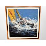 Contemporary school : Sail boat in rough waters, oil on canvas, 65cm x 65cm, indistinctly signed.