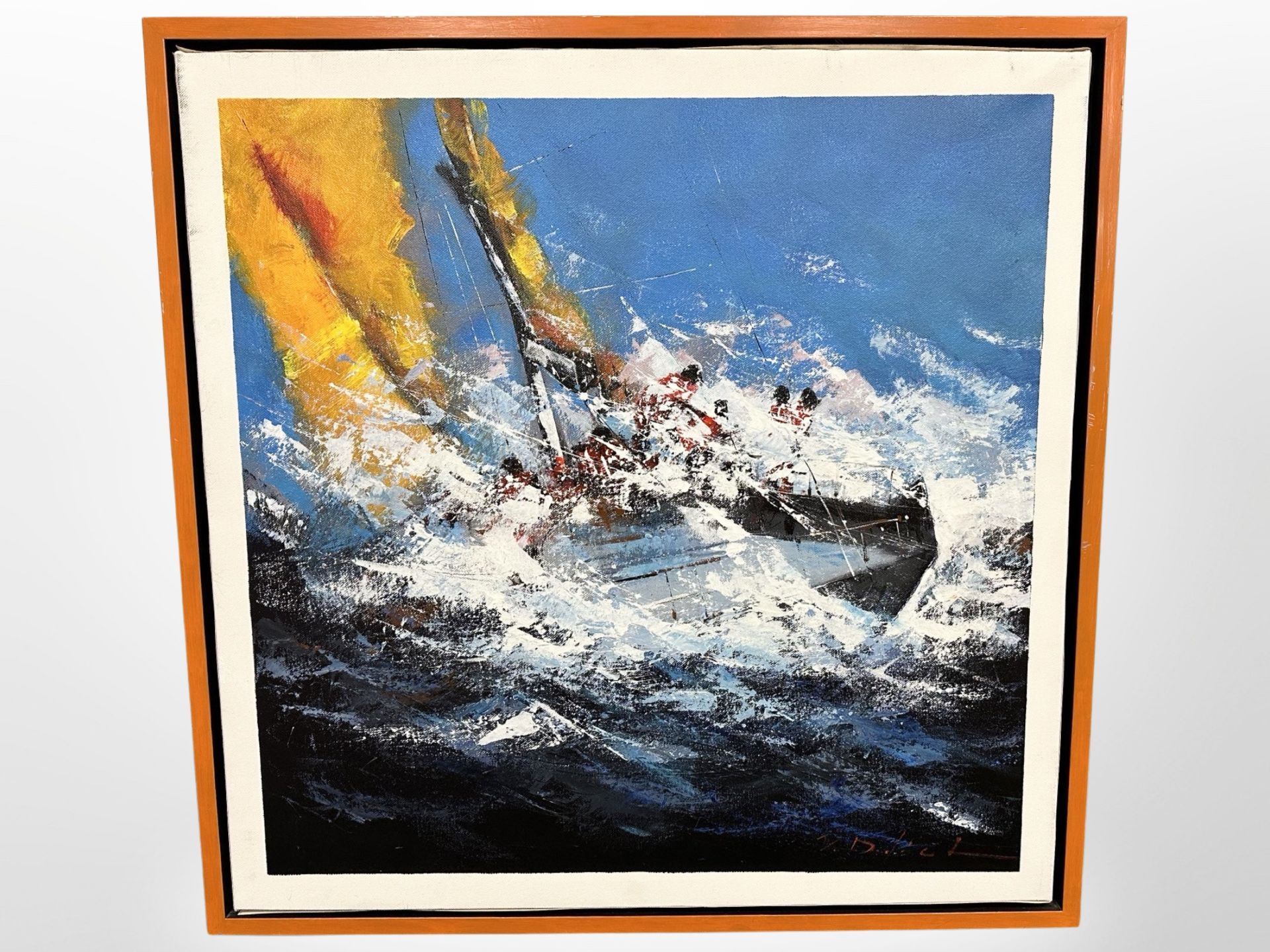 Contemporary school : Sail boat in rough waters, oil on canvas, 65cm x 65cm, indistinctly signed.