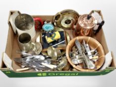 A box containing plated cutlery, copper kettle, barometer, etc.