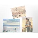 Three continental oil paintings on canvas depicting fishermen, figures on a bridge,