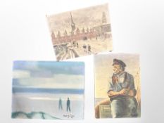 Three continental oil paintings on canvas depicting fishermen, figures on a bridge,