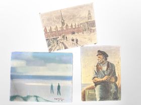 Three continental oil paintings on canvas depicting fishermen, figures on a bridge,