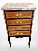 A French kingwood veneered and marble topped four drawer chest, width 40cm