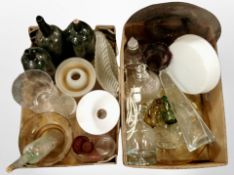 Two boxes of 20th-century continental glasswares including lamp bases, bowls, green glass bottles,