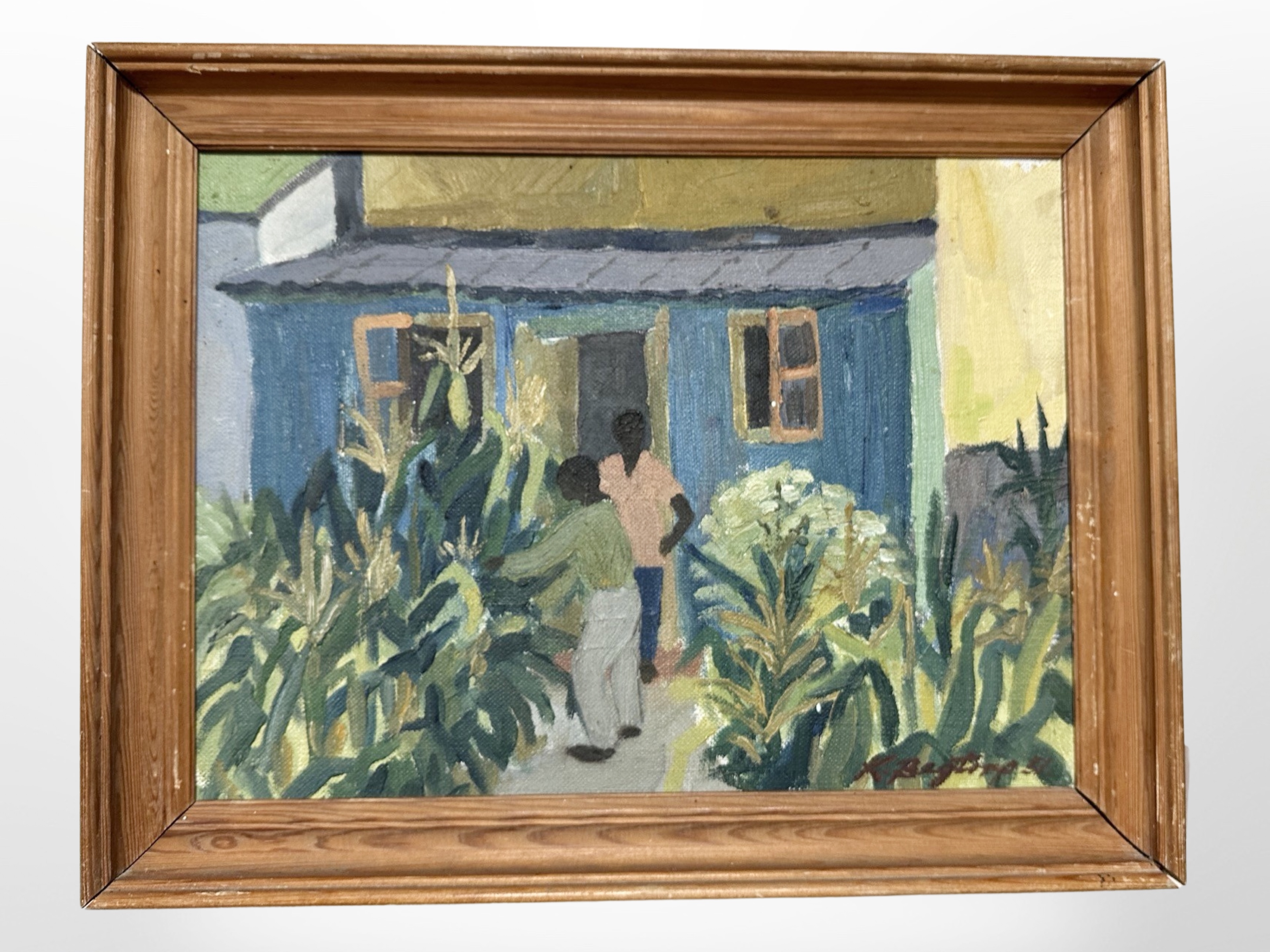 Continental school : Figures outside a house, oil on canvas, 34cm x 25cm. - Image 2 of 2