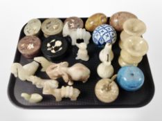 Onyx and other hardstone items including paperweights, animal figures, lidded trinket boxes,