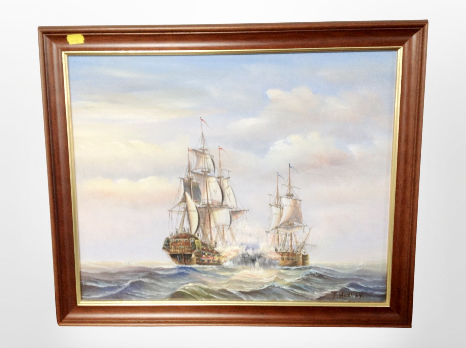 J Harvey : Battleships exchanging cannon fire, oil on canvas, 39cm x 49cm.