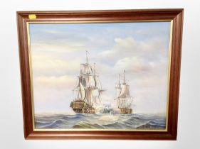 J Harvey : Battleships exchanging cannon fire, oil on canvas, 39cm x 49cm.