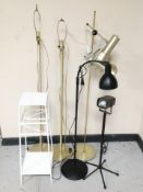 Five Scandinavian standard lamps and a painted metal plant stand