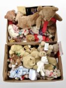 Two boxes of teddy bears and soft toys.