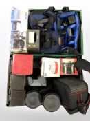 Two boxes containing cameras and related accessories including Chinon CE-5 camera outfit,
