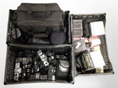 Three crates containing assorted vintage and later cameras and accessories including Pentax,