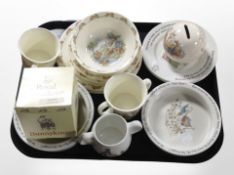 A tray of Royal Doulton Bunnykins ceramics, Wedgwood Peter Rabbit shallow bowl, etc.