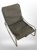 A 20th-century Danish chrome-framed rocking chair with brown fabric sling seat, width 59cm.