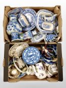 Two boxes containing blue and white willow pattern ceramics, Hammersley tea china, oriental vases.